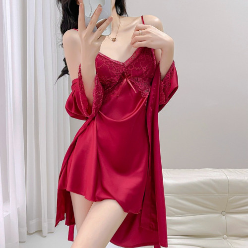 2024新品睡衣女春秋薄款冰絲綢吊帶睡裙睡袍兩件套裝帶胸墊純欲風