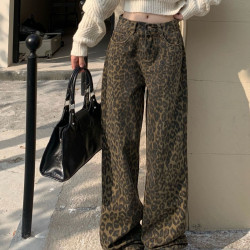 2024春秋新款豹紋百搭牛仔褲女復古設計感小衆寬松直筒休閒濶腿褲