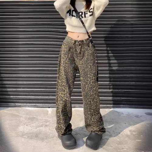 2024春秋新款豹紋百搭牛仔褲女復古設計感小衆寬松直筒休閒濶腿褲