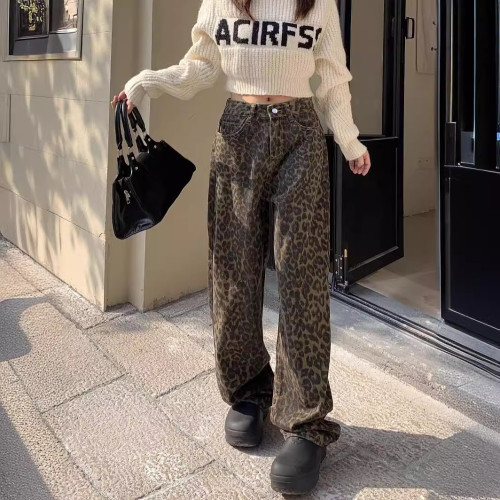 2024春秋新款豹紋百搭牛仔褲女復古設計感小衆寬松直筒休閒濶腿褲