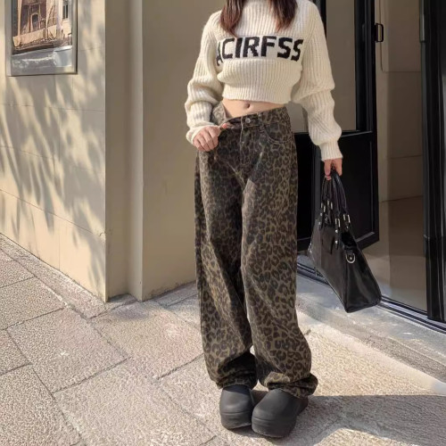 2024春秋新款豹紋百搭牛仔褲女復古設計感小衆寬松直筒休閒濶腿褲
