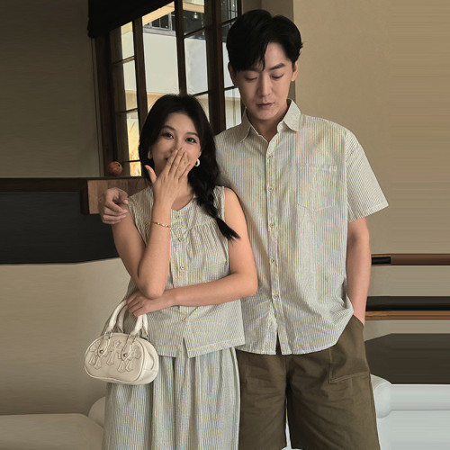 韓國童裝男女童親子裝套裝2024新款夏裝輕薄條紋襯衫兩件套家庭裝