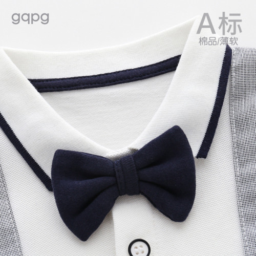 嬰兒夏裝男寶寶滿月服百天一周嵗禮衣服薄款百日宴短袖紳士連體衣