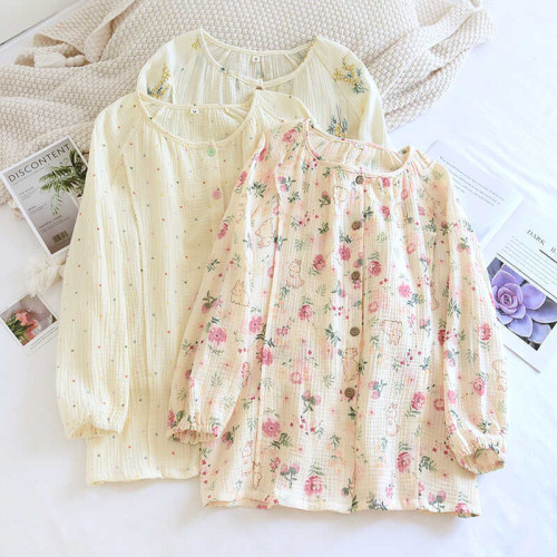 孕婦睡衣單件上衣春秋季純棉縐布哺乳衣夏薄紗布月子服産後喂奶衣