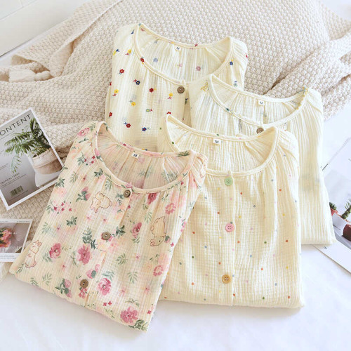 孕婦睡衣單件上衣春秋季純棉縐布哺乳衣夏薄紗布月子服産後喂奶衣