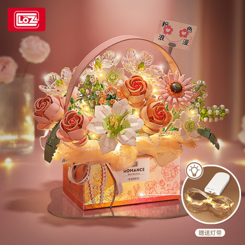 loz積木花籃1951玫瑰花積木擺件幻彩盆景裝飾拼裝玩具禮盒生日禮