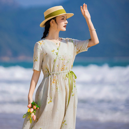 2024夏季新款原創風復古高級苧麻印花連衣裙短袖系帶文藝女裝