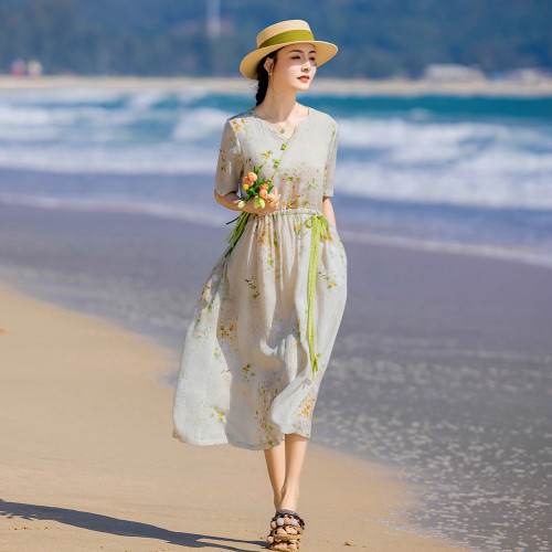 2024夏季新款原創風復古高級苧麻印花連衣裙短袖系帶文藝女裝
