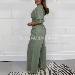 2024新款  獨立站 歐美休閒百搭圓領高腰純色緊身連體褲 女