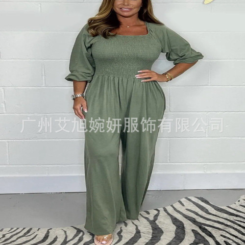 2024新款  獨立站 歐美休閒百搭圓領高腰純色緊身連體褲 女