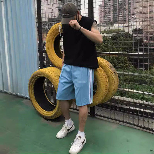 24SS歐美天使短褲彩虹直筒時尚簡約側條紋男女情侶休閒褲五分褲潮