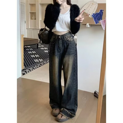 美式復古做舊牛仔褲女夏季高腰寬松直筒褲毛邊濶腿褲拖地褲長褲子