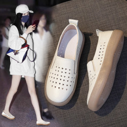 真皮小白鞋女2025春夏鏤空透氣淺口樂福媽媽女鞋一腳蹬護士小皮鞋