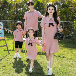 高級親子裝夏裝2025新款夏天一家四口連衣裙母子母女裝polo衫套裝