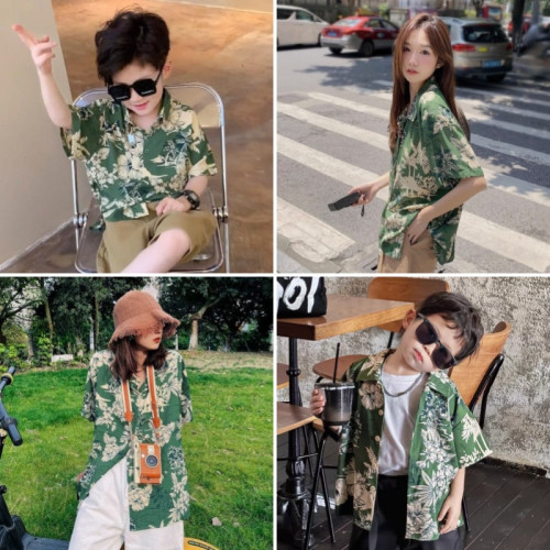 親子裝一家三口夏裝海邊度假沙灘夏威夷復古港風襯衫母女短袖套裝