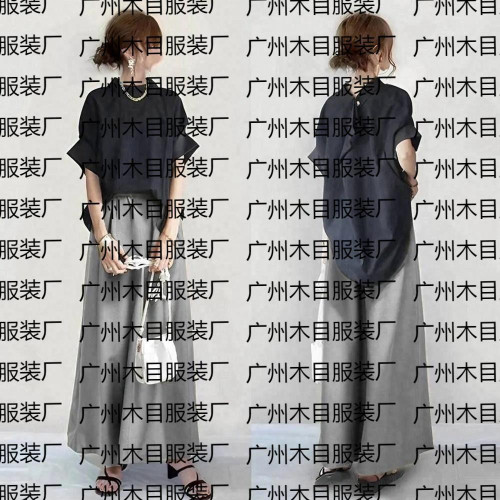  2024春夏新款套裝日系氣質優雅蝙蝠袖襯衫+濶腿褲兩件套套裝