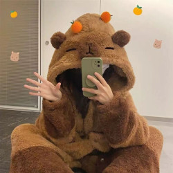 特價！！卡皮巴拉水豚睡衣女2025冬季新款連帽珊瑚絨可愛風睡袍