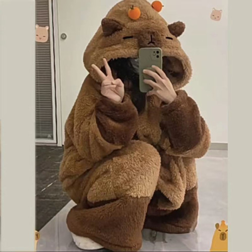 特價！！卡皮巴拉水豚睡衣女2025冬季新款連帽珊瑚絨可愛風睡袍