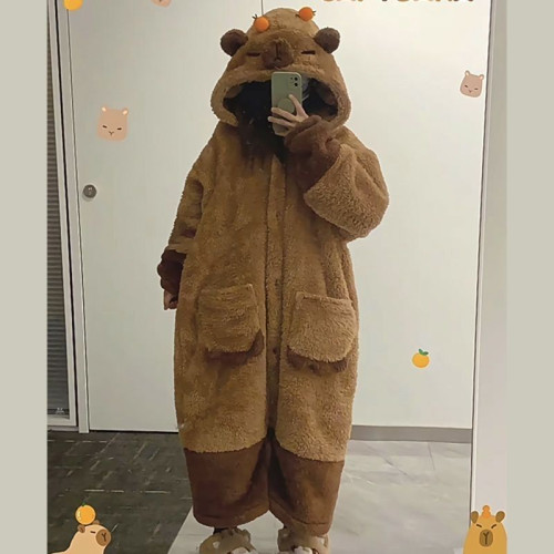 特價！！卡皮巴拉水豚睡衣女2025冬季新款連帽珊瑚絨可愛風睡袍