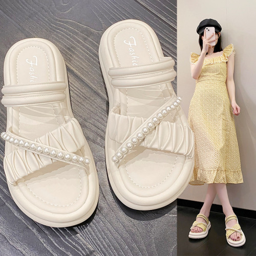 新款涼拖鞋女夏季仙女風外穿時尚網紅珍珠厚底休閒兩穿沙灘拖鞋女