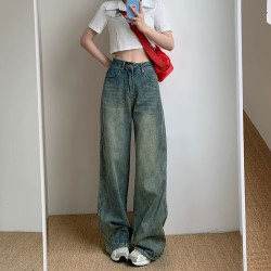 2024年新款美式復古做舊藍色高腰濶腿牛仔褲女百搭拖地褲長褲