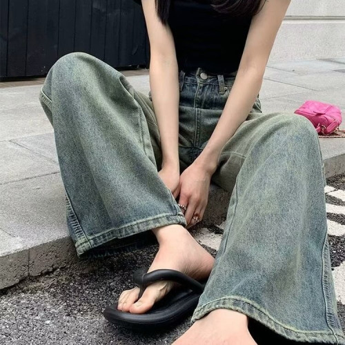 2024年新款美式復古做舊藍色高腰濶腿牛仔褲女百搭拖地褲長褲