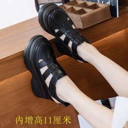 包頭外穿小個子公主涼鞋內增高松糕厚底羅馬風半鏤空真皮女涼鞋