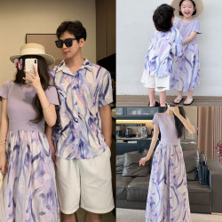 親子裝新款今年流行爆款大方得體夏季穿搭紫色拼接連衣裙中大童裝