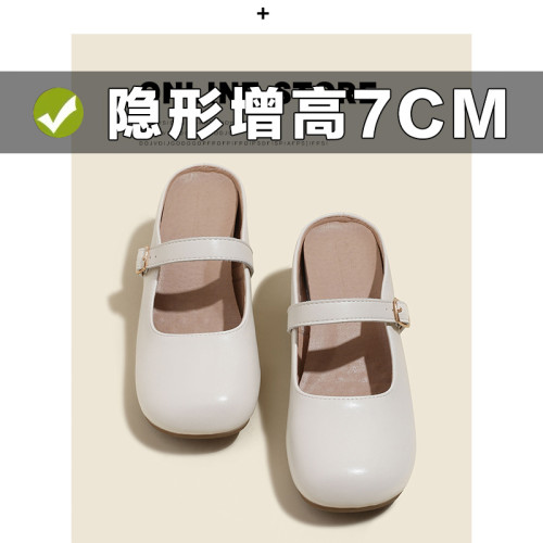 內增高7CM平軟底粗跟瑪麗珍女鞋新款包頭半拖單鞋女夏季小碼32334
