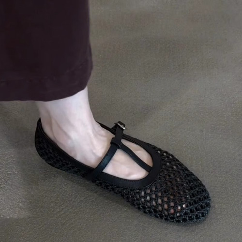 羊皮版~法式復古編織鏤空T字釦帶瑪麗珍鞋女氣質圓頭平底淺口單鞋