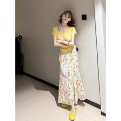 2025夏季慵懶辣妹套裝短袖女高腰半身裙碎花裙小個子兩件套潮