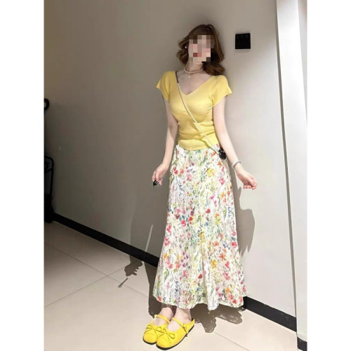 2025夏季慵懶辣妹套裝短袖女高腰半身裙碎花裙小個子兩件套潮