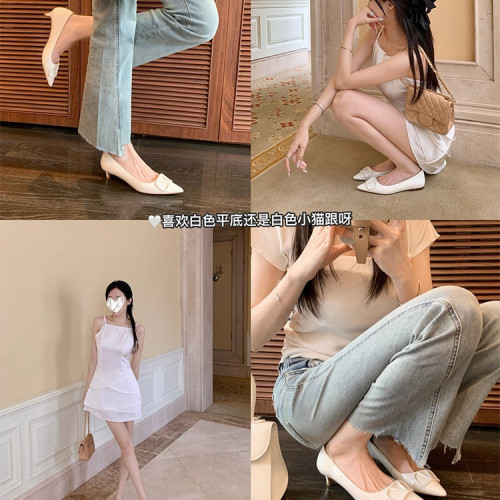 蘇茵茵同款~三個跟高~尖頭V釦小貓跟高跟單鞋女平底鞋ol通勤