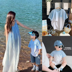 2025潮海邊度假風漸變母女連衣裙女夏季新款小清新 一家三口短袖T