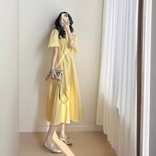 2025夏季新款茶歇法式氣質感小個子超仙森系絕美黃色連衣裙女