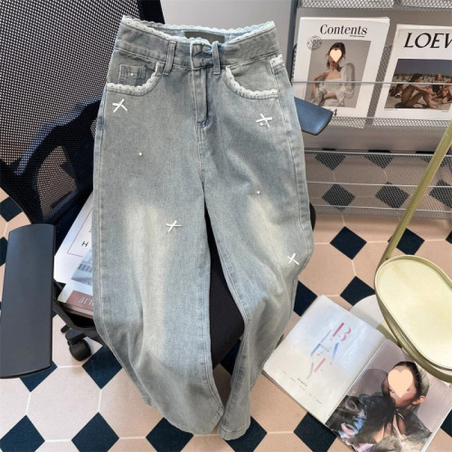 小衆蕾絲花邊蝴蝶結牛仔褲女2025夏季新款高腰顯瘦直筒濶腿長褲子