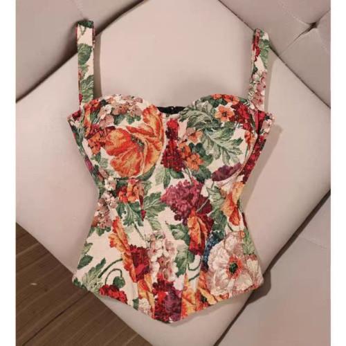 街頭復古花朵印花莫奈油畫復古魚骨小背心緊身聚攏塑身禮服胸衣女
