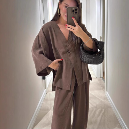 2025女裝時尚休閒套裝V領一粒釦寬松長袖上衣高腰西褲兩件套