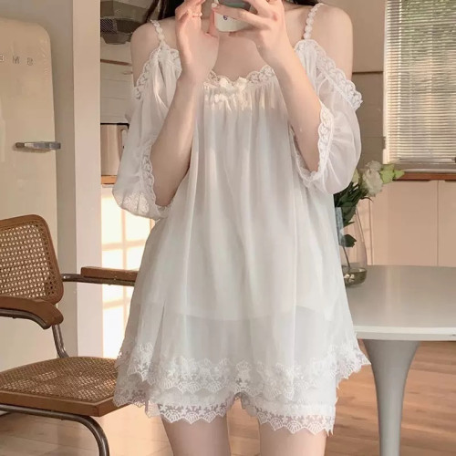 睡衣夏天女胖妹妹睡衣兩件套一眼驚豔一字肩蕾絲花邊公主款可外穿