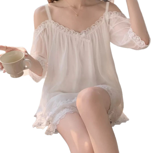 睡衣夏天女胖妹妹睡衣兩件套一眼驚豔一字肩蕾絲花邊公主款可外穿