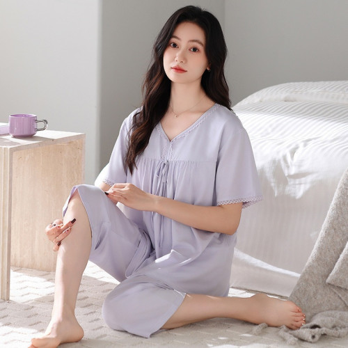 2025年夏季新款睡衣女帶胸墊莫代爾薄款花邊短袖七分褲媽媽家居服