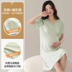 2025夏季孕婦短袖連衣裙莫代爾薄款待産帶胸墊産後哺乳喂奶月子裙