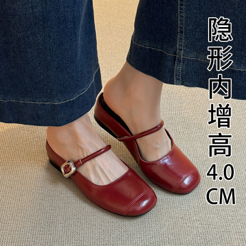 內增高鞋子法式瑪麗珍半拖鞋夏季一腳蹬單鞋女鞋外穿銀色包頭涼拖