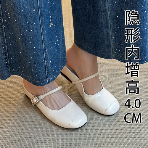 內增高鞋子法式瑪麗珍半拖鞋夏季一腳蹬單鞋女鞋外穿銀色包頭涼拖