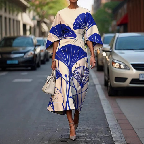 2025獨立站 花卉 海洋 永恒優雅連衣裙女士連衣裙E439