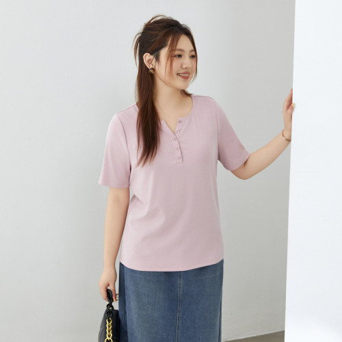 纖莉秀大碼女裝休閒簡約百搭純色小V領正肩短袖T恤胖mm2024夏新款