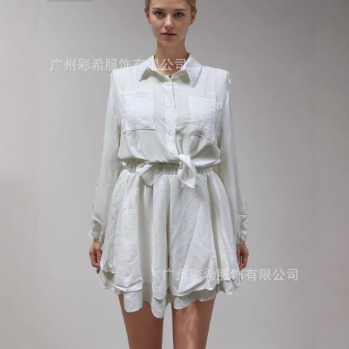 2025夏季歐美女裝長袖上衣荷葉邊短褲休閒時尚套裝女