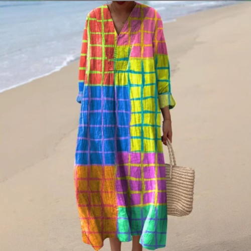  獨立站長袖襯衫連衣裙女士休閒碎花3D印花袖長裙