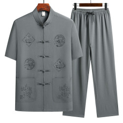 中老年短袖襯衫套裝夏季老人風中式寬松唐裝衣服爸爸夏裝襯衣