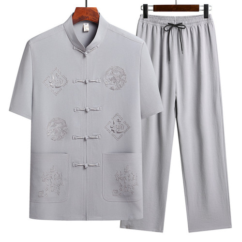 中老年短袖襯衫套裝夏季老人風中式寬松唐裝衣服爸爸夏裝襯衣